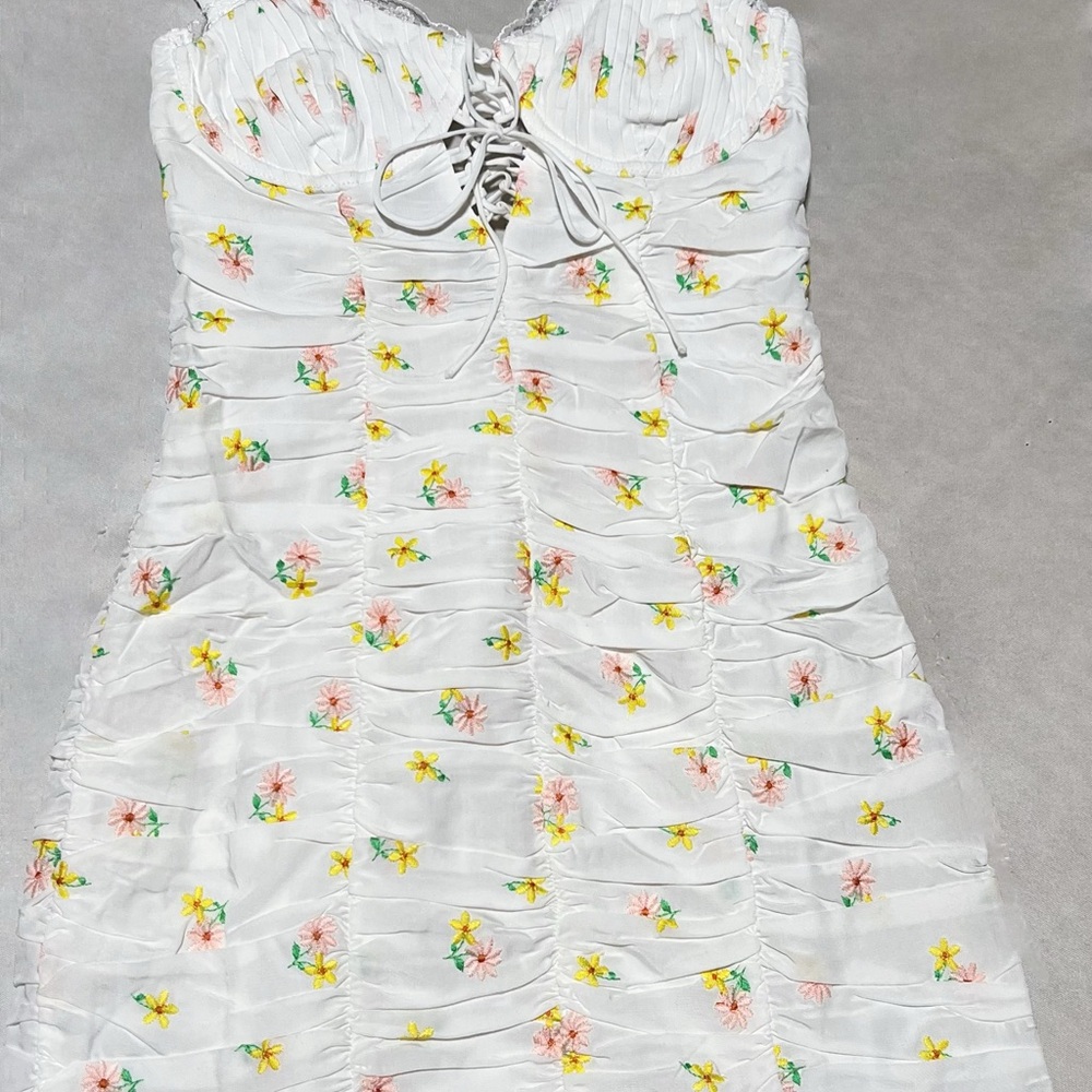 For Love and Lemons Celia - Floral White Dress with Lace-Up Detail XS